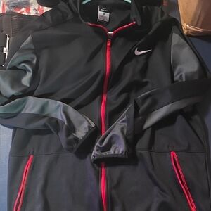 Nike Men's Black and Gray Jacket with Red Accents